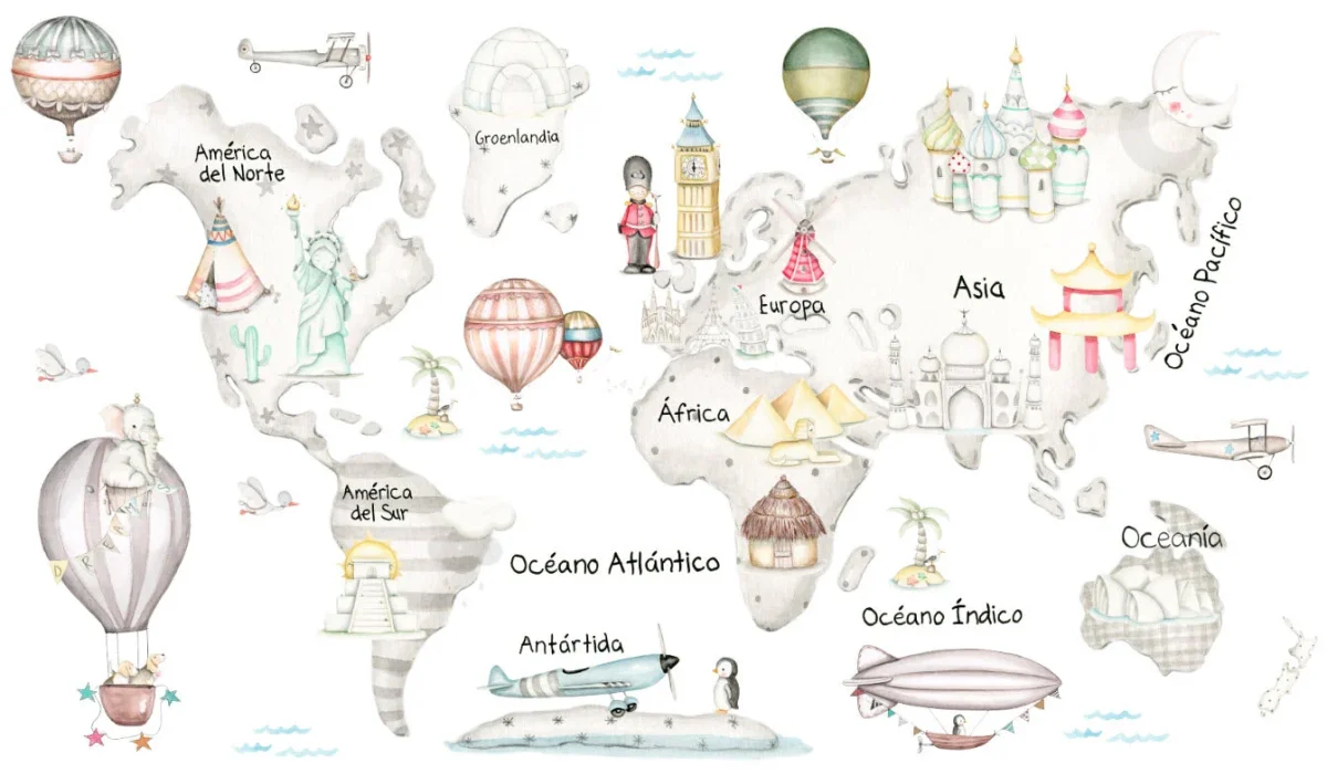 MAPA MUNDI TRAVEL GRIS Mural de papel pintado - Imagen 6